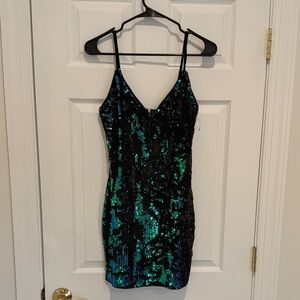 AKIRA Black and Teal Sequin Top